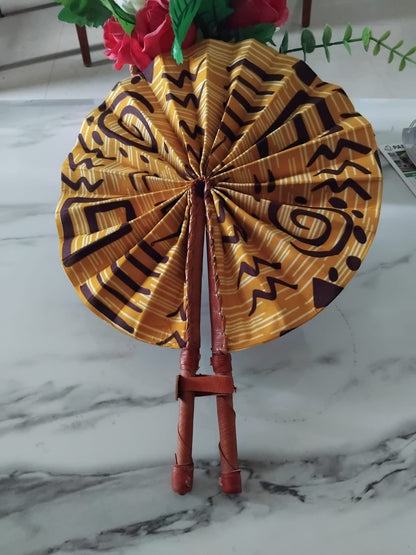 Éventail africain rond · wax artisanal · fait main Côte d'Ivoire · monture similicuir