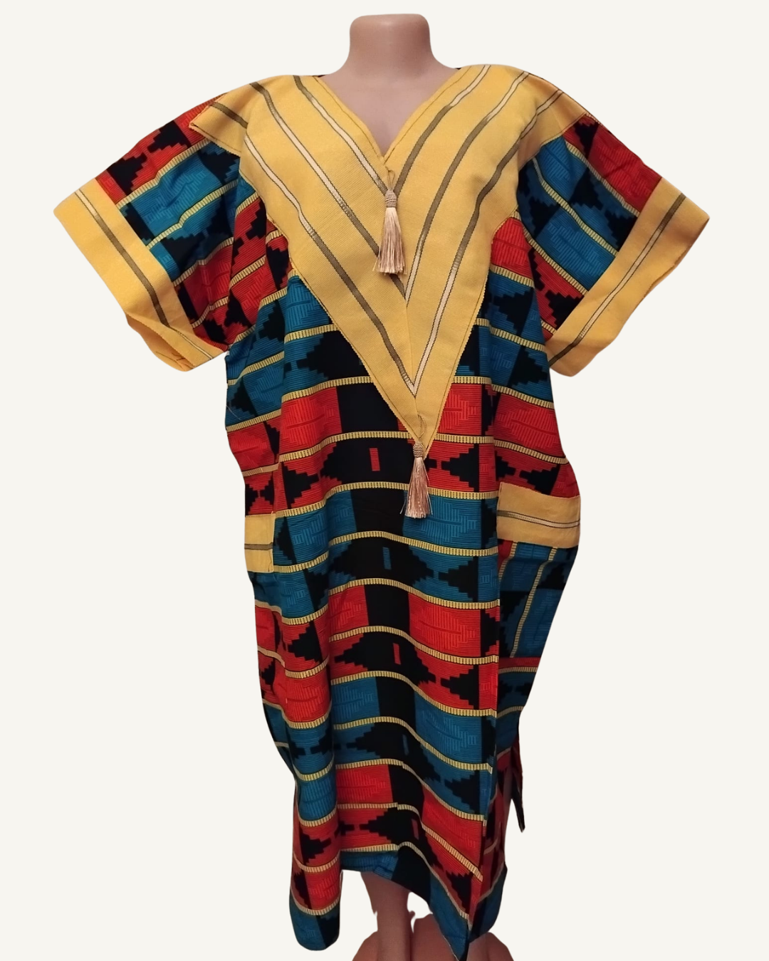 Robe Kaftan Kente Tissé — Jaune · Rouge · Bleu · Géométrique Africain · Glands · Exemplaire unique