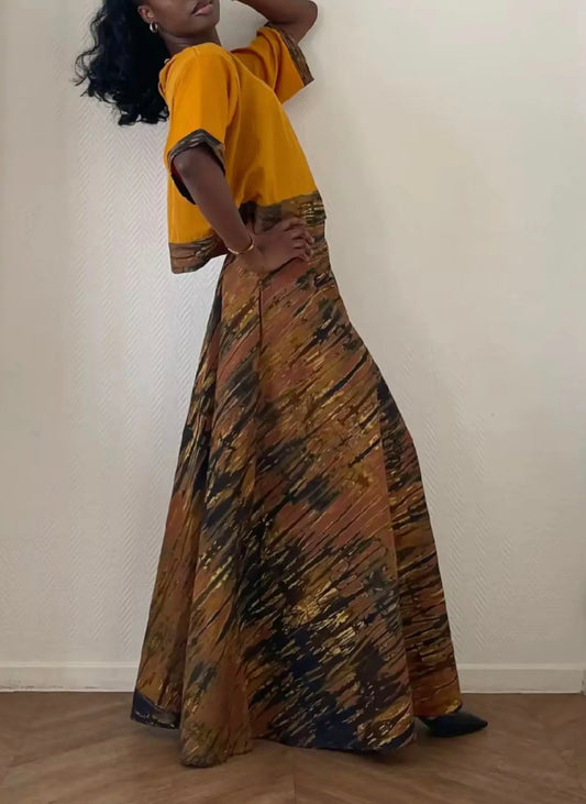 Ensemble 2 pièces Haut & Jupe Maxi — Jaune Moutarde & Jacquard Métallique Cuivré · Exemplaire unique