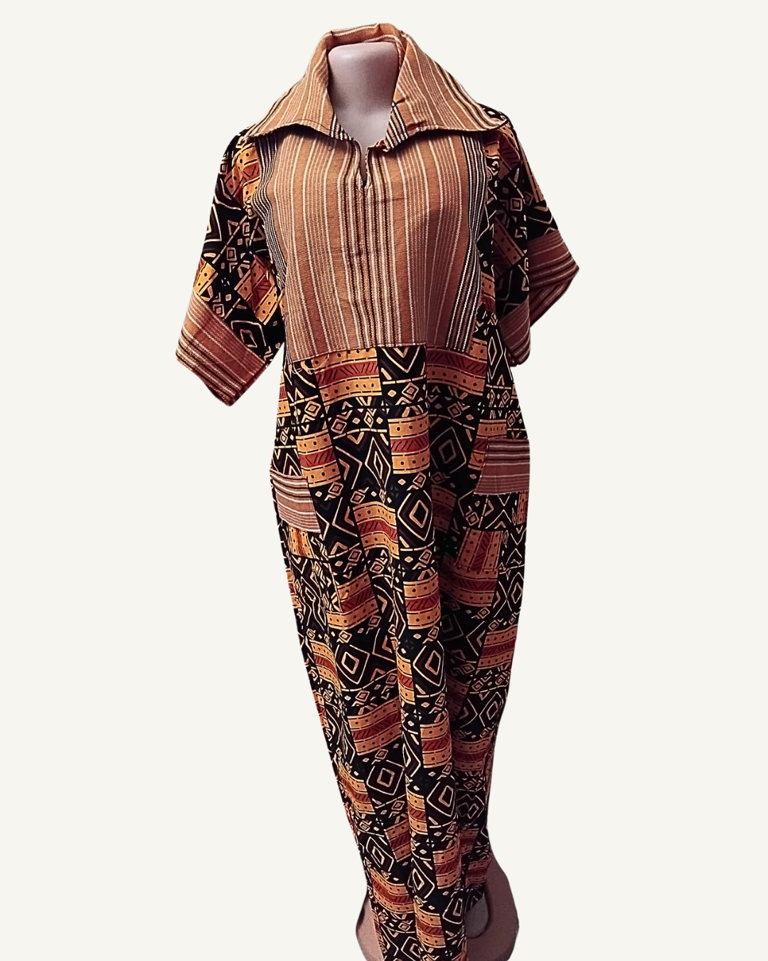 Robe Maxi Bimatière Col Polo — Bogolan Africain & Rayures Terracotta · Exemplaire unique