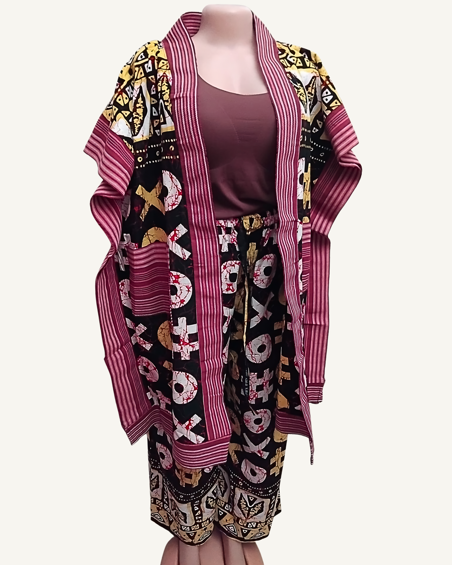 Ensemble 2 pièces Kimono + Pantalon • Imprimé africain graphique & rayé rose · Exemplaire unique