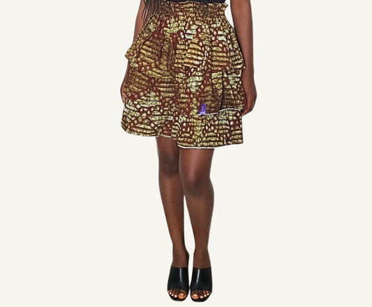 Jupe à volants étagés imprimé africain kaki · or et bordeaux · motifs texturés · taille élastiquée · pièce unique — M/L