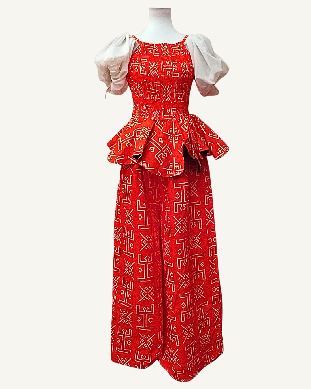 Ensemble 2 pièces batik africain rouge — top peplum smocké + pantalon palazzo — manches bouffantes organza — pièce unique