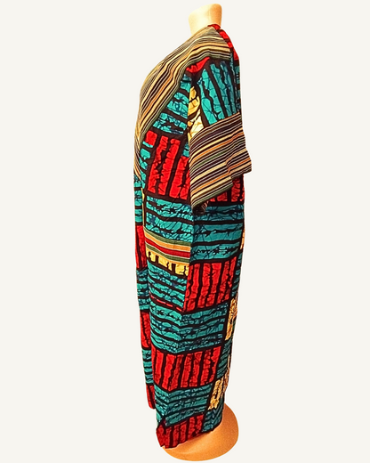 Robe kaftan bimatière batik africain craquelé effet vitrail turquoise rouge doré gland doré poches manches Giwax Boutique