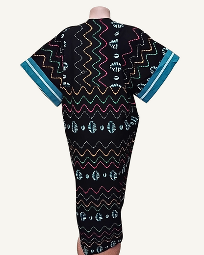 Boubou Kaftan Bimatière — Noir Zigzags Multicolores & Bleu Canard · Triple Gland · Poches · Exemplaire unique