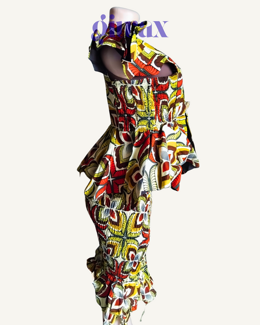 Ensemble 2 pièces Haut Bardot Peplum + Jupe Smockée — Wax africain Bold · Exemplaire unique