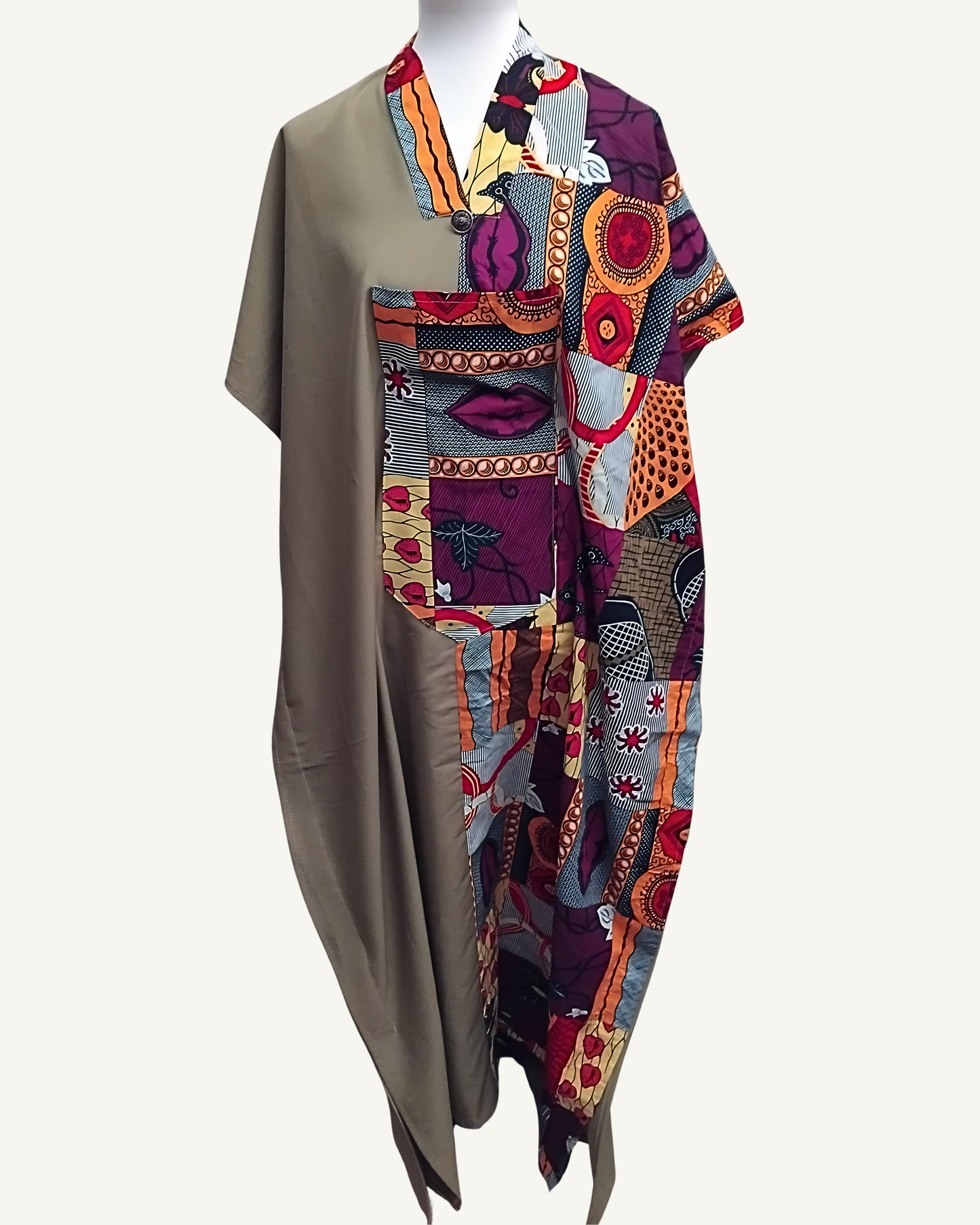 Robe Kaftan Bimatière — Taupe & Wax Patchwork Africain · Bouton Argenté · Exemplaire unique