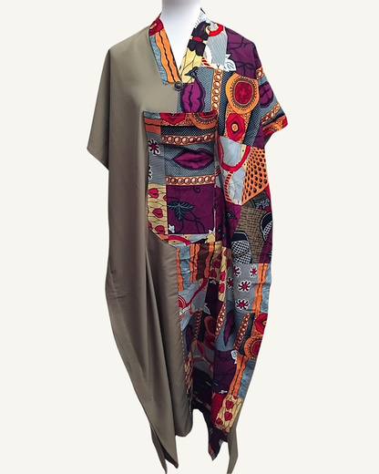 Robe Kaftan Bimatière — Taupe & Wax Patchwork Africain · Bouton Argenté · Exemplaire unique