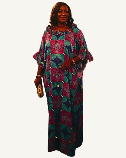 Robe longue imprimé éventails turquoise · rose · violet — col froncé · manches volantées — pièce unique