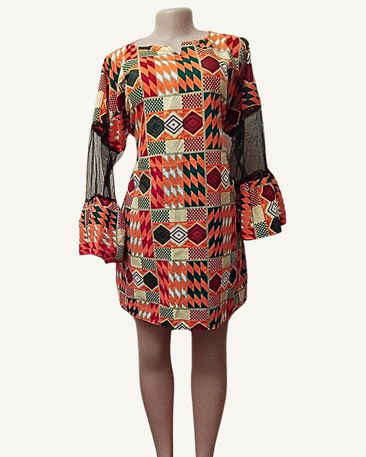 Robe courte wax africain kente géométrique multicolore manches longues tulle noir transparent cloche nœud dos jupe évasée volant Giwax Boutique