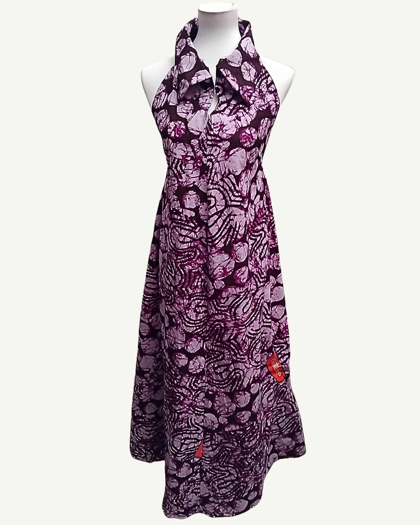 Robe Maxi Halter Col Châle — Batik Africain Prune & Rose · Dos Nu · Exemplaire unique