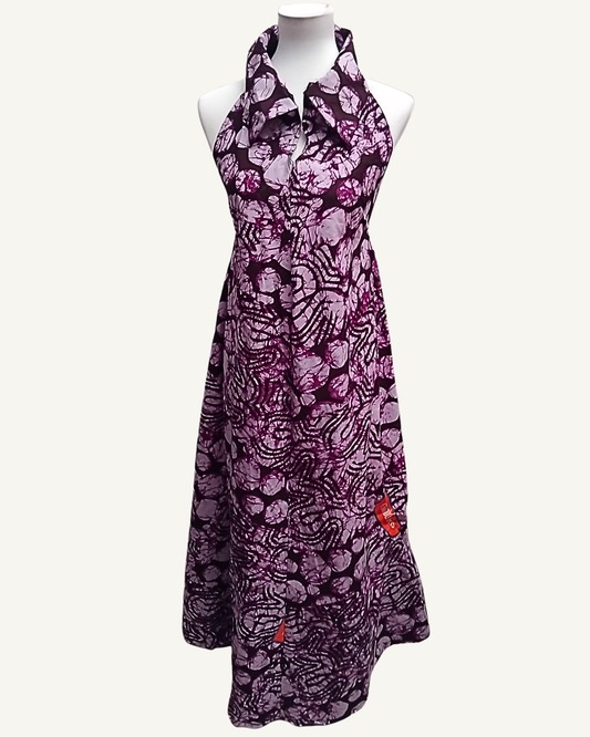Robe Maxi Halter Col Châle — Batik Africain Prune & Rose · Dos Nu · Exemplaire unique