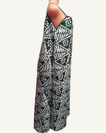Robe Maxi Batik • Vert forêt & blanc · Bretelles fines · Exemplaire unique