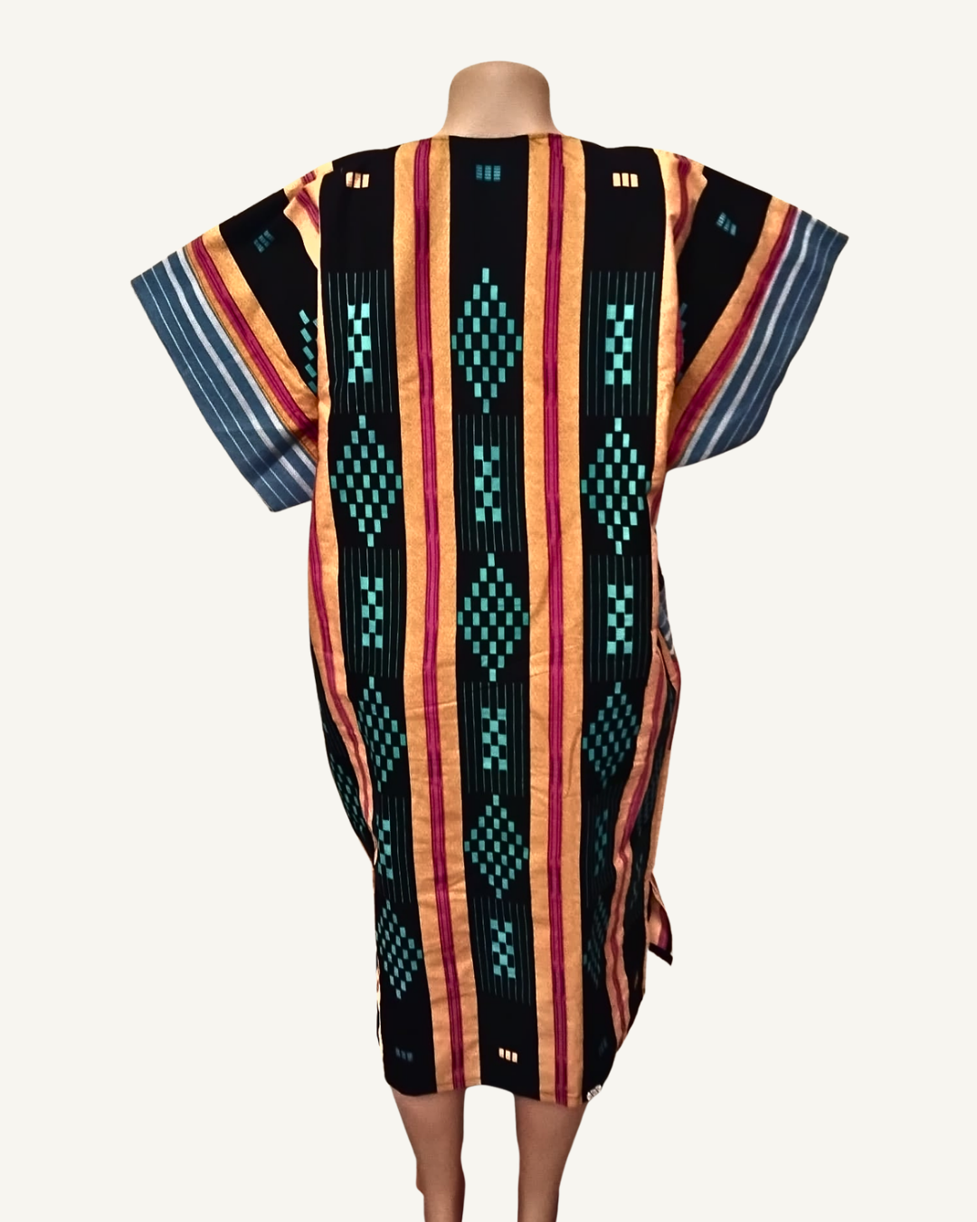Robe Kaftan Tissé Africain — Rayures Kente Multicolores · Poches · Glands · Exemplaire unique