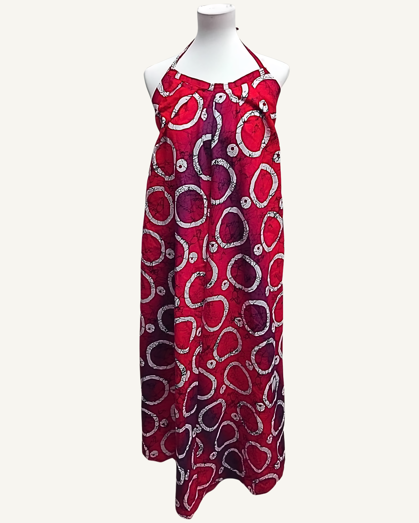 Robe Maxi Noué — Adire Africain Rouge & Prune · Dos Nu · Exemplaire unique