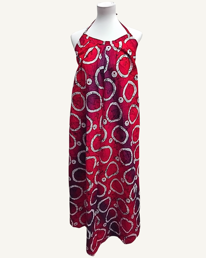 Robe Maxi Noué — Adire Africain Rouge & Prune · Dos Nu · Exemplaire unique