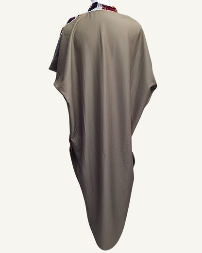 Robe Kaftan Bimatière — Taupe & Wax Patchwork Africain · Bouton Argenté · Exemplaire unique