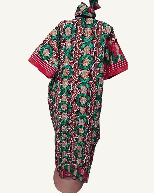 Ensemble 2 pièces Boubou Kaftan + Foulard — Wax XOXO Vert & Bordeaux · Rayures Rouges · Exemplaire unique