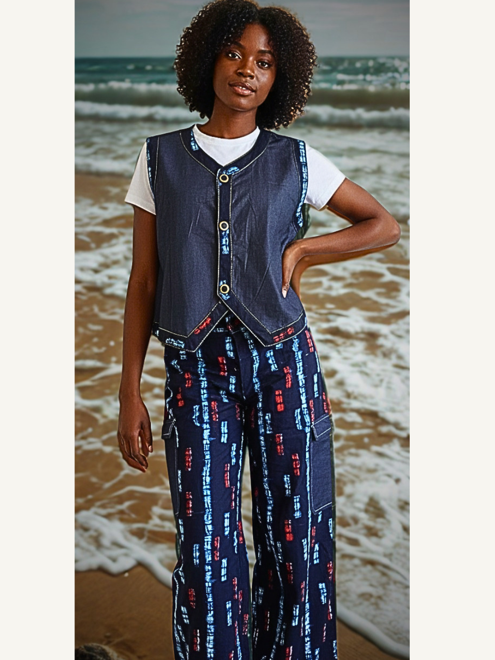 Ensemble denim et adire porté · gilet boutonné 3 boutons dorés sur t-shirt blanc · pantalon cargo large adire indigo bleu et rouge · taille élastiquée · pose décontractée en bord de mer.